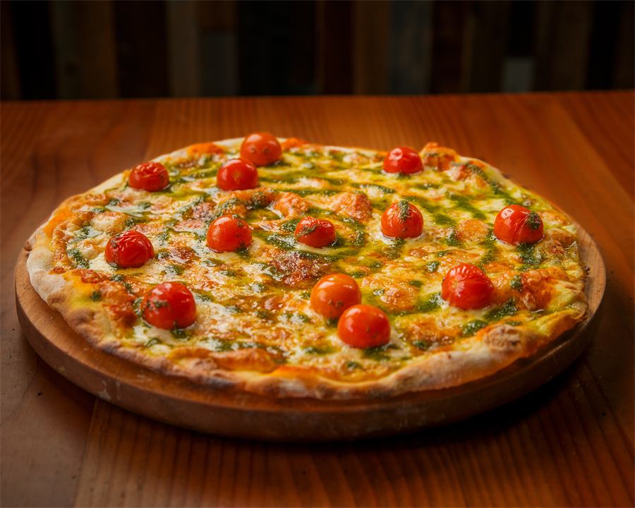 Pizza Lorenza — Base pomodoro, mozzarella, queso de cabra, tomates cocktail asados y pesto de albahaca.