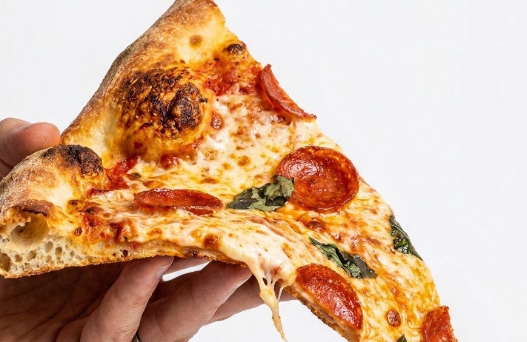 Slice de pizza pepperoni recién horneada, con el queso estirándose